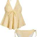 OYOANGLE Women's Tankini Swimsuits Textured Flowy Halter Bikini Set Tummy Control Modest Bathing Suits L