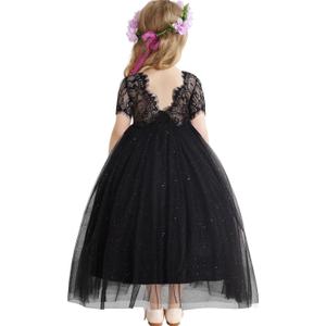 Flower Girl Lace Back V-Neck Dress Full-Length Floral Embroidered Toddler Tutu Tulle Dresses for Girls, 2-3Y