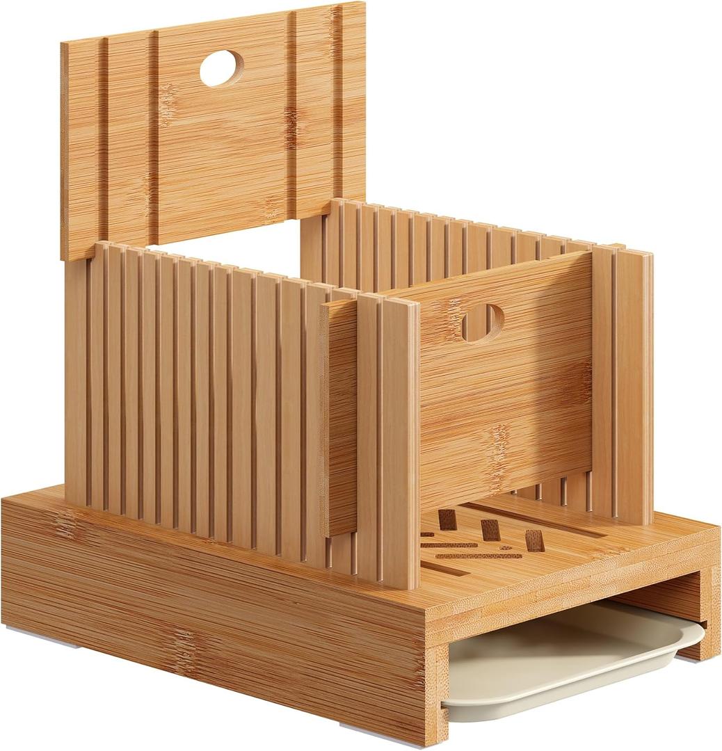 Bamboo Bread Slicer, Adjustable Width Bread Slicer for Homemade Bread, Crumb Catcher, Foldable and Compact Loaf Cutter 2 Size Slicing Guide