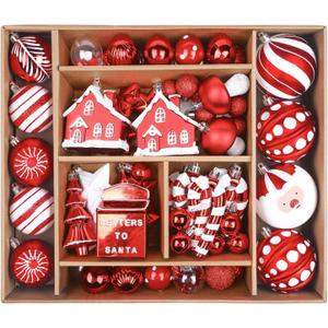 SHareconn 80ct Christmas Balls Ornaments Set, Shatterproof Plastic Colorful Xmas Decorative, Baubles for Tree Decorations with Hanging Strings, Red & White