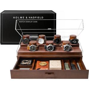 Premium 7 Slot Watch Box for Men - Large Wooden Watch Display Case with Hinged Cover, Leather Lining & Drawer - Watch Holder Organizer Stand - Handcrafted Luxury Birthday Gift for Men