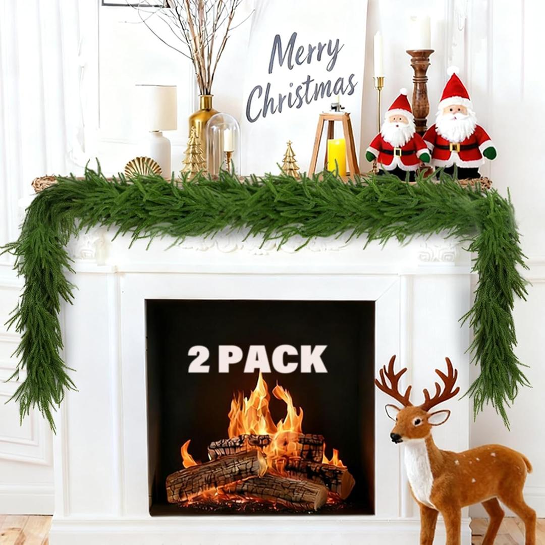 2-Pack 6FT Artificial Norfolk Pine Garlands, Hyperzoo Realistic Winter Pine Christmas Greenery Garland for Mantle, Staircase, Banister, Fireplace, Door, Table, Indoor & Outdoor Holiday Xmas Decortions