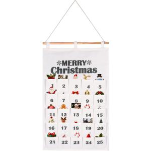 Klmnop Christmas Advent Calendar with 25 Pockets - 27.5x16.5Inch Fabric Countdown Calendar Wall Hanging, Reusable Advent Pocket for Xmas Holiday Decor, Kids Chocolate Candy Fillable(Beige)