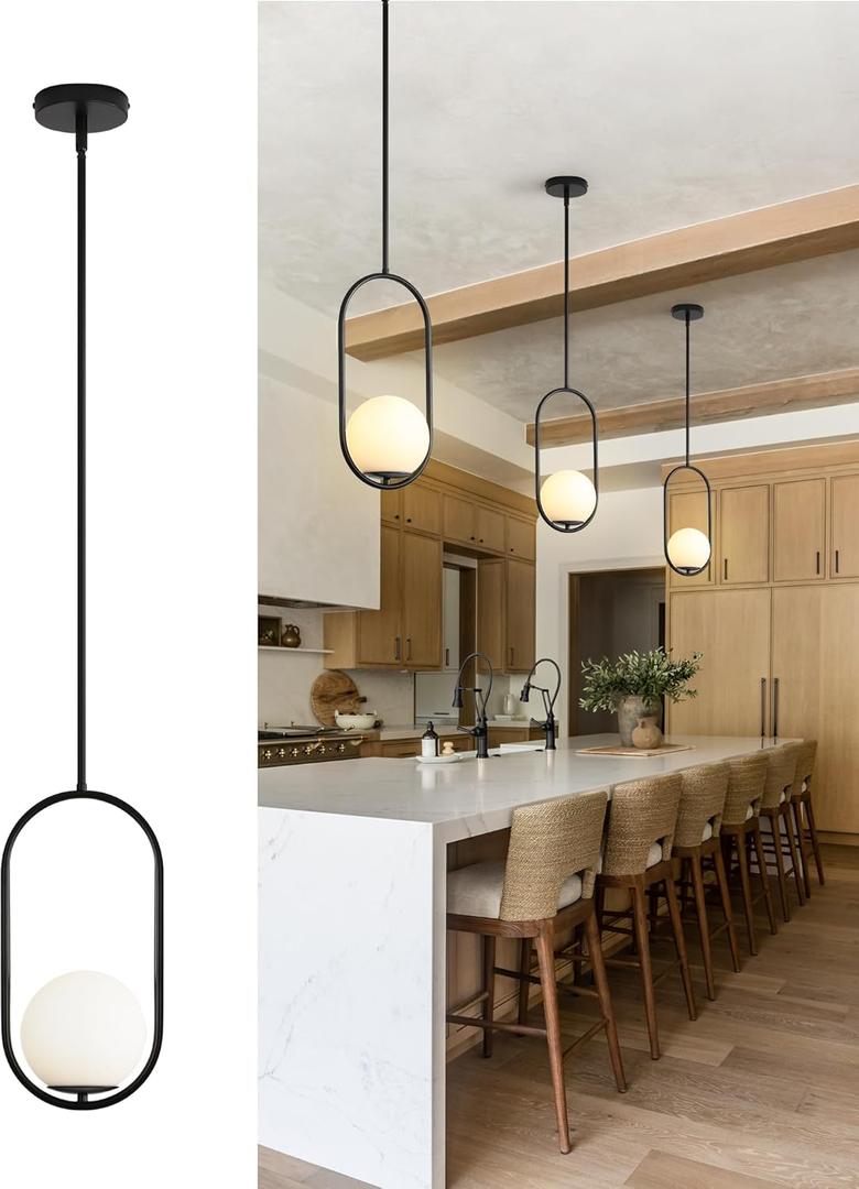 Yunnix Pendant Lights Kitchen Island, Pendant Light Fixtures, Modern Black Globe Glass Pendant Lighting, Mid Century Chandelier One Light for Bathroom Bedroom Dining Room(Bulb Not Included)