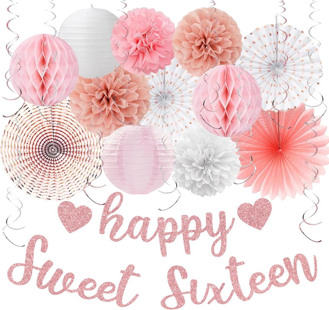 Vlipoeasn Sweet 16 Birthday Decorations for Girls, Rose Gold 16th Birthday Party Decor, Happy 16 Year Old Party Supplies