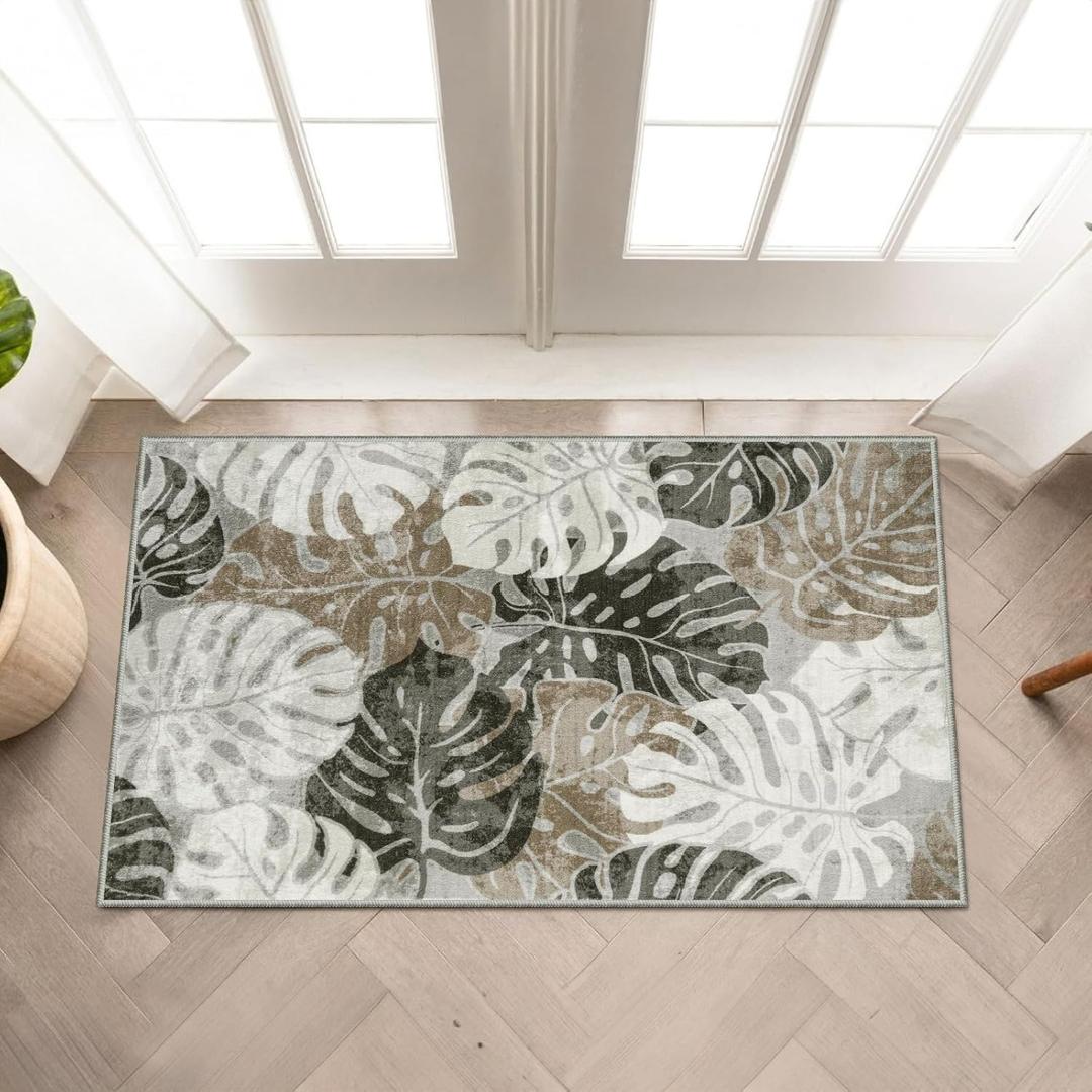 Wonnitar Tropical Washable Rugs 2x3, Non-Slip Leaf Rugs for Entryway Front Door Indoor Entrance, Monstera Plant Bath Mat Soft Low Pile Area Carpets for Bathroom Bedroom Decor, Khaki