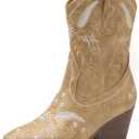 ANJOUFEMME Western Women's Cowboy Cowgirl Boots,Embroidered Round-toe Mid-calf Boots (7.5, Gold)