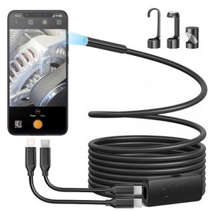 Anykit Endoscope Camera with Light, 1920P HD Borescope with 8 Adjustable LED Lights, Semi-Rigid Snake Camera with Light, IP67 Waterproof Inspection Cam for iPhone & Android, 9.8 ft Single Lens