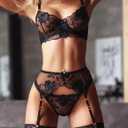 Womens Sexy Floral Lace Bra Thong and Garter Sets Embroidery Lingerie Set Push up Bra and Panty Thong Naughty 3 Piece (Black, Medium)