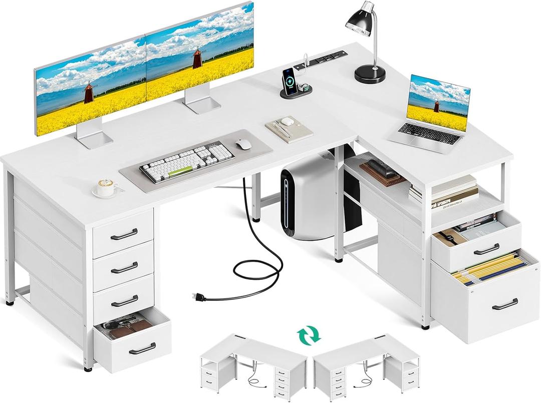 Coleshome L Shaped Computer Desk with 6 Drawers & Power Outlet, 55 Inch Corner Desk with Reversible Storage Shelf & File Drawer, Home Office Desk, White