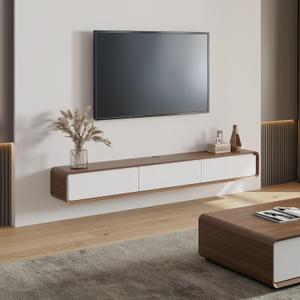 POVISON Fully Assembled Floating TV Stand with Flip-Down Cabinet Doors, 63" Walnut and White Floating Media Console, Solid Wood Floating Entertainment Center, Minimalist TV Stand (62.99")