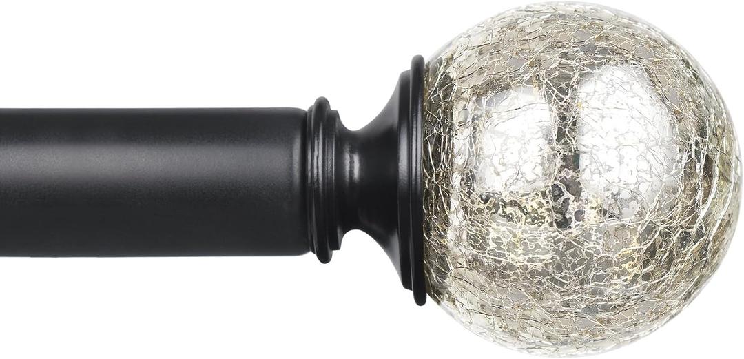 KAMANINA 1 Inch Curtain Rod 32 to 58 Inches (2.6-4.8ft), Black Curtain Rods for Windows, Single Drapery Rods with Crackle Glass Finials (32-58", Black)