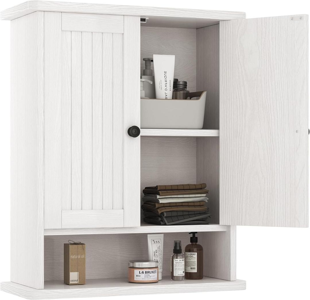 Homeiju Wooden Farmhouse Style Rustic Medicine Cabinet with Two Barn Doors, Wooden Wall Mounted Storage Cabinet with Open and Hidden Storage Space, for Bathroom, Living Room, Kitchen, White (23.6'' H)