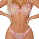 Sexy Underwire Cute Push Up Strappy Embroidered Mesh Sheer Lingerie Set See Through Panty Bra, Size Medium