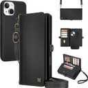for Wallet Case Compatible with iPhone 15,Multi-Function Detachable 2 in 1 Magnetic iPhone 15 Wallet,Flip Strap Zipper Card Holder Phone Case with Shoulder Straps (Black)