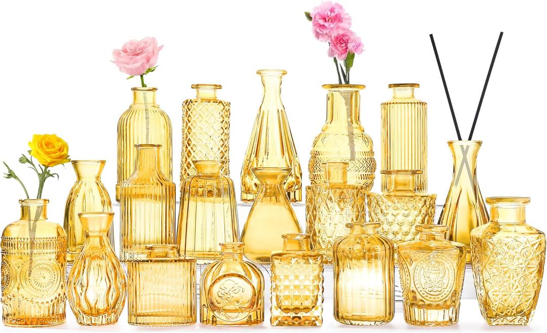 20 Pcs Amber Gold Glass Bud Vases- Set Amber Gold Small Vases for Flowers, Vintage Flower Cute Glass in Bulk for Centerpieces Rustic Decorative Wedding Table Home