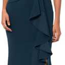 Betsy & Adam Women's Long Sleeveless Boat Neck Ruffle Side Slit Scuba Crepe Gown (2 Petite, Pine)