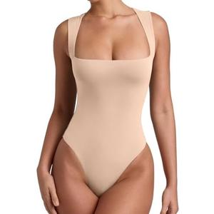 REORIA Butsmooth® Women’s Sexy Sleeveless Square Neck Double Lined Basic Bodysuit Tank Tops XL