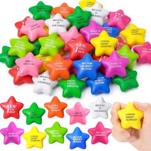 Sratte 47 Pcs Star Stress Ball Bulk for Adults Kids 2.16 Inch Motivational Stress Ball with Quotes Relief Squeeze Toy Inspirational Funny Mini Foam Gift for Party Favor Supply(Multi Colors)
