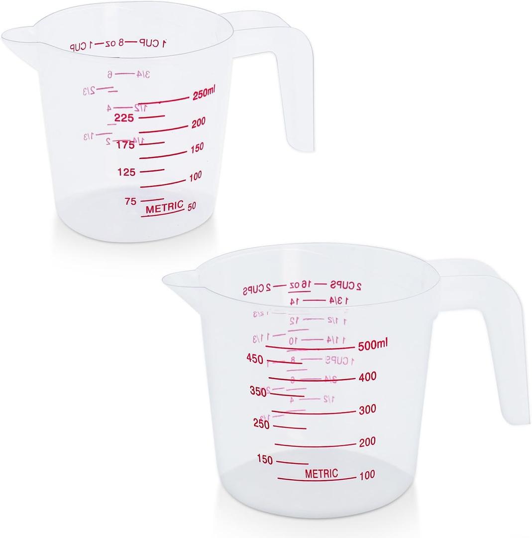 DTDNZKN 2 Pack Measuring Cup Set, Includes 250Ml (1-Cup), and 500Ml (2-Cup) Plastic Liquid Measuring Cups- Baking, Cooking, Mixing & Measuring Cups, Essential Kitchen Tools