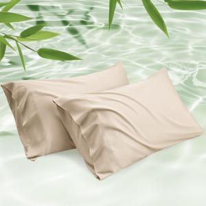 Bedsure Pillow Cases Standard Size, Cooling Pillow Cases, Rayon Derived from Bamboo Beige Pillowcases Standard Set of 2, PureWoven Silky Soft Bedding Pillow Covers with Envelope Closure, 20x26 Inches