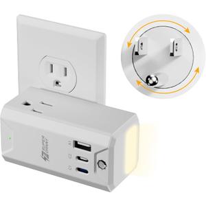 Rotating Wall Outlet Extender with Night Light, SUPERDANY 3 AC Outlet Adapter with 3 USB Ports, 20W USB-C Fast Charging, Automatic Light ON/OFF Dimmable, 4-Sided Outlet Splitter for Home Office Travel