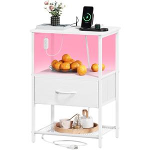 Somdot Nightstand with Charging Station and LED Light for Bedroom, Bedside Table End Table for Dorm Guest Room Bedside Kids Laundry Closet Entryway Hallway, White Leather (11.8"D x 15.7"W x 23.4"H (1 Drawers))