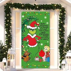 Nepnuser Merry Christmas Door Cover Green Christmas Whoville Xmas Winter Holiday Birthday Party Decorations Backdrop Door Hanging Banner