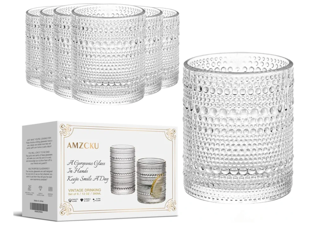 Amzcku Vintage Drinking Glass Set of 6 Kitchen Glasses Cup 13 OZ for Water, Cocktail, Milk, Juice and Beverage