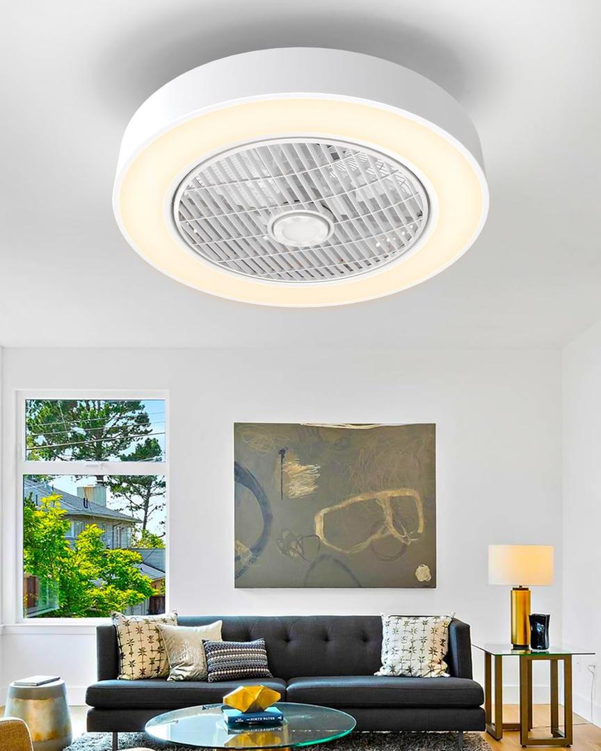 Enclosed Ceiling Fan with Light and Remote Control, Low Profile Ceiling Fan with Light, Dimmable Led 3 Color 6 Speeds, Timing Reversible Blades, White, 20 Inch