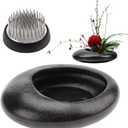 Folmywy Japanese Ikebana Flower Frog Vase Kit Flower Arrangement with 1.57 Inch Kenzan Ceramic Flower Stem Holder Black Round Frog Bowl for Table Centerpieces DIY Art Supplies (5.51x4.13in)