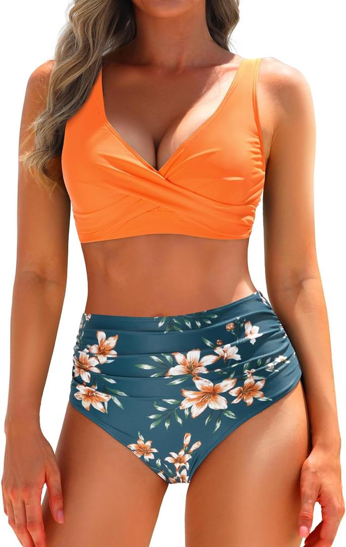 Yonique Women's Two Piece High Waisted Bikini Set Tummy Control Swimsuit Full Coverage Bathing Suit (M)