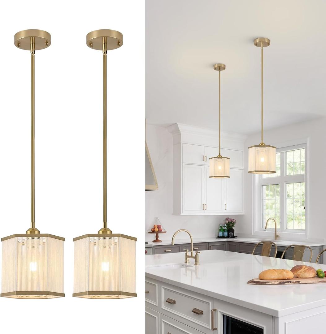 2-Pack Gold Woven Pendant Lights, 7.67" Mini Boho Rattan Hanging Pendant Light Fixtures, Modern Hexagonal Island Lights for Kitchen Island, Foyer, Hallway, E26 Base, Brass