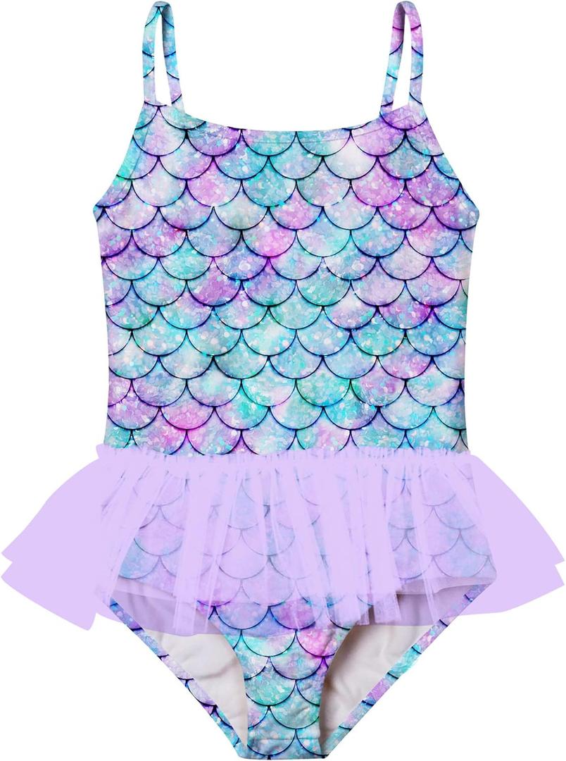 swimsobo Girls One Piece Tutu Swimsuit Colorful Mermaid Bathing Suit Cute Crossback Strap Swimwear for 2-8 Years Kids (4-5T, A Green Purple)