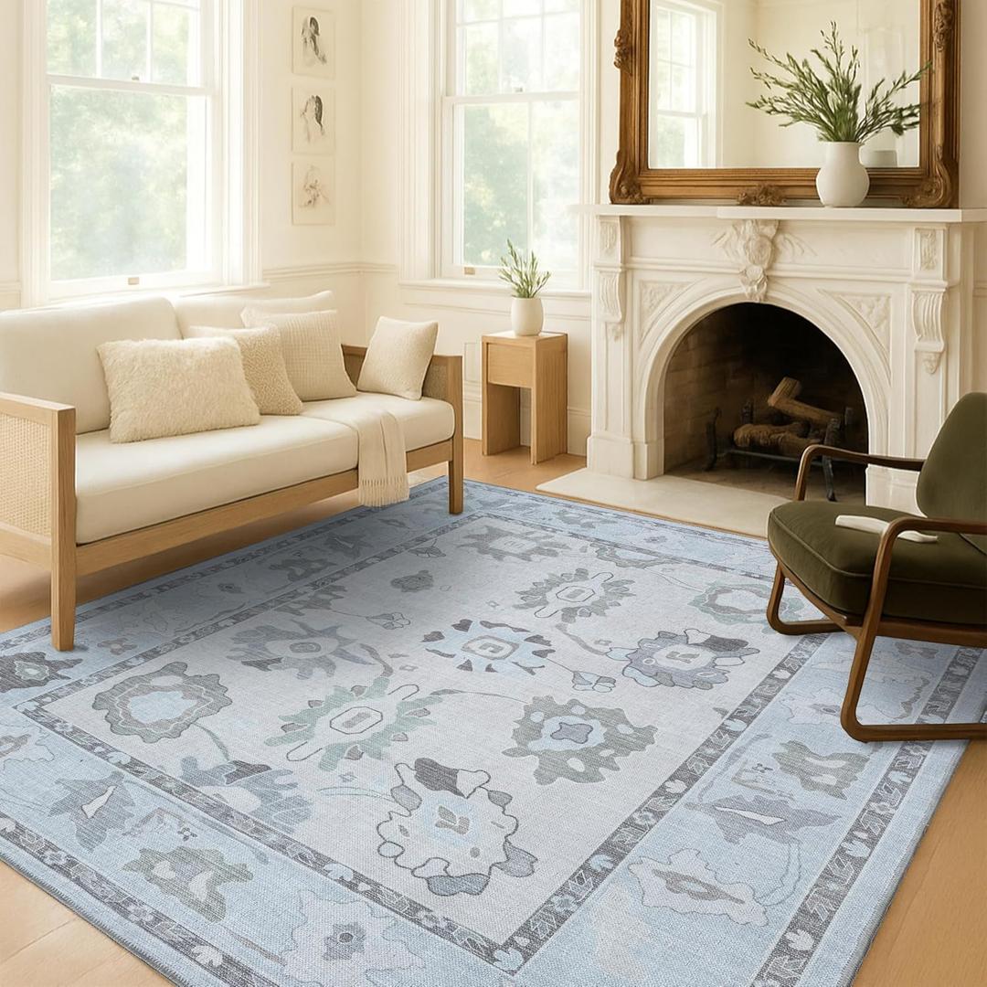 Fame Living Cream Beige Oushak Rug, Modern, Vintage, Turkish, Eclectic, Floral, Pastel, Washable, Large Area Rugs for Living Room, Dining, Bedroom, Girls, Boys, 7'5"x9'8", 7'6" x 9'11"