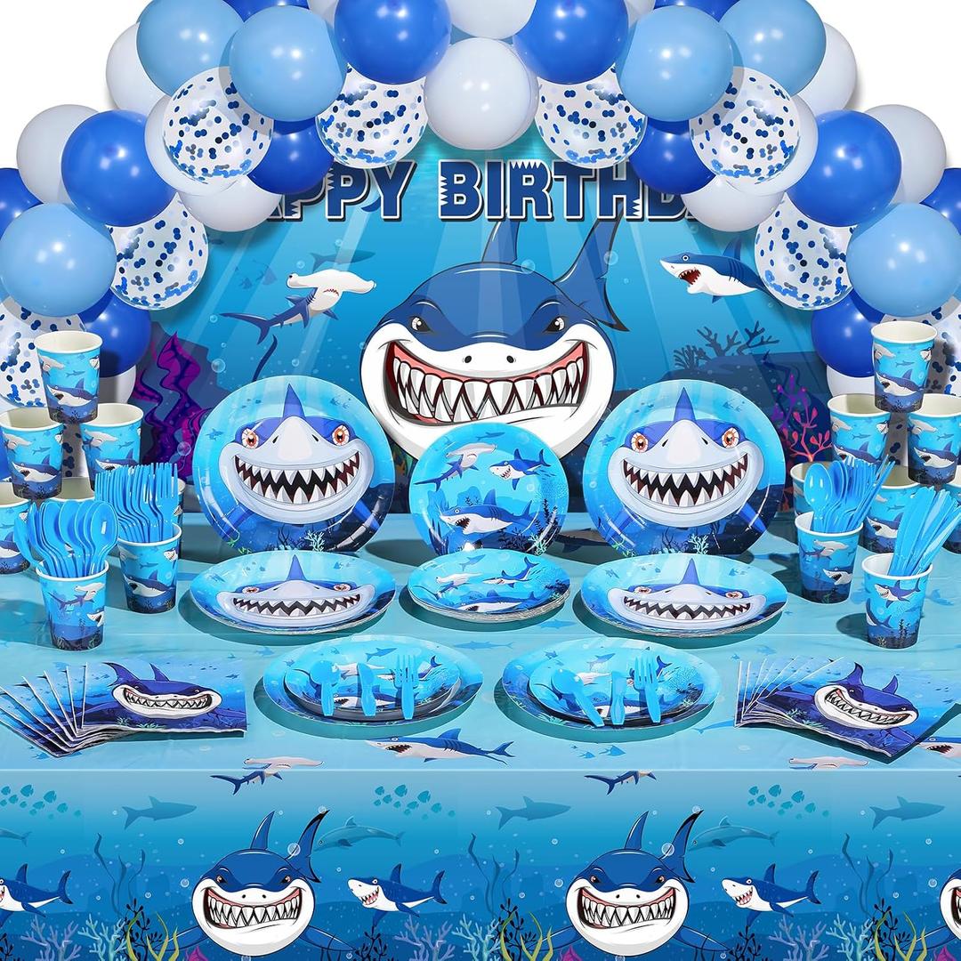 Yaomiao 165 Pcs Shark Birthday Party Decorations Supplies with Shark Party Theme Birthday Plates, Napkins, Cups, Tablecloths, Backdrop, Balloons Tableware Set Boy for 16 Guest Under Sea Ocean Decor