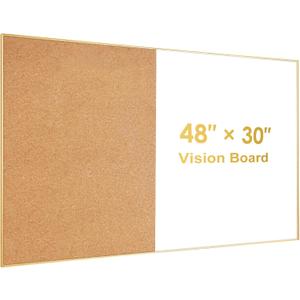 ARCOBIS Cork Board White Board Combo, Bulletin Board-Gold Frame, Magnetic Dry Erase Board & Corkboard for Wall, Vision Board for Home, Office, School (Gold, 48 x 30)