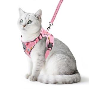 PUPTECK Cat Harness and Leash Set Escape Proof Reflective Cat Walking Harness Adjustable Soft Breathable Mesh Vest for Small Pets, Pink Flowers, Small