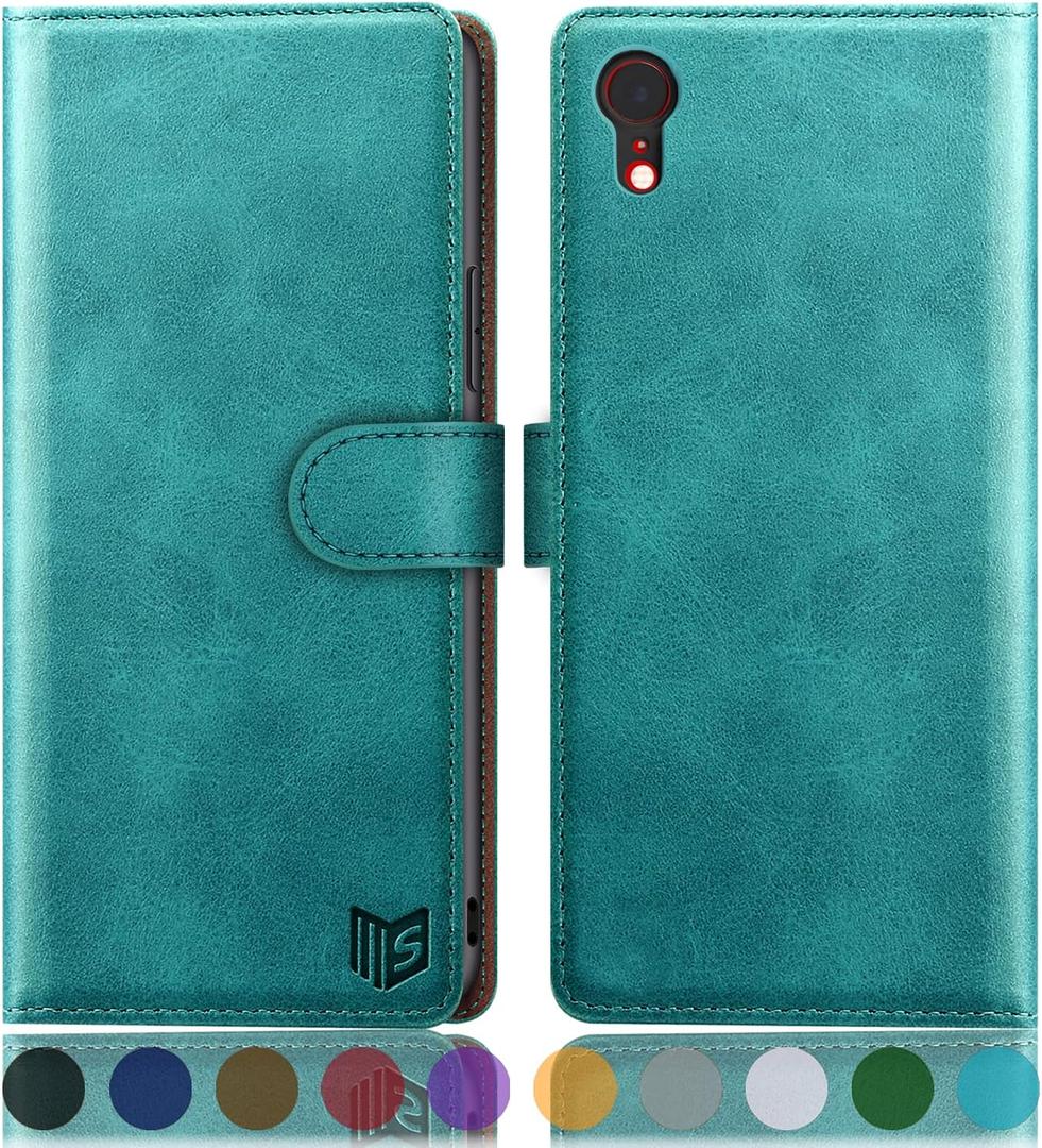 SUANPOT for iPhone XR 6.1 (Non XS 5.8",XS Max 6.7") Leather Wallet case with RFID Blocking Credit Card Holder Flip Folio Book Phone Cover Shockproof Pocket case for Apple XR for Men Women Blue Green