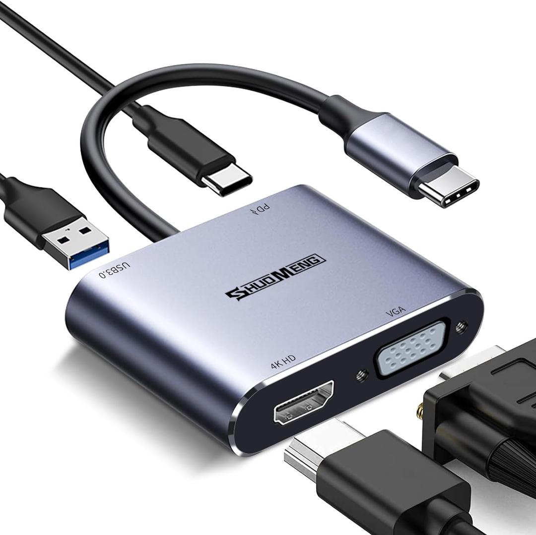 4 in 1 USB C Hub, Type-c to HDMI MultiPort Adapter, 4K HD, VGA, 100W Charging Port, USB3.0, Compatible with Switch, Steam Deck, Rog Ally iPhone 15 Pro/Max, MacBook Pro/Air, iPad Pro, iMac, S23