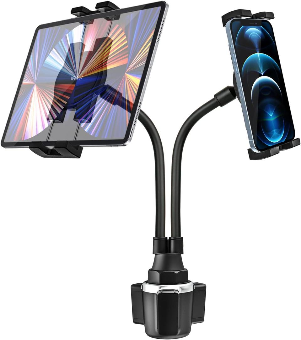 woleyi Cup Holder Tablet Mount for Car, [Double Device Clamp] Dual iPad Phone Car Mount with 10" Gooseneck Adjustable Arm for iPad Pro Air Mini, Galaxy Tabs, Z Fold, Fire HD, iPhone, 4.7-13" Devices