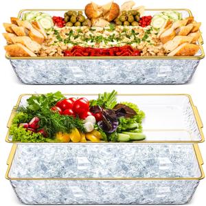 Baderke 2 Set 16" x 9" Plastic Chilled Serving Tray for Parties with Compartments Ice Chilled Party Platter Charcuterie Serving Board Cold Dish Dip for Fruit Seafood Vegetable Appetizer (Gold Rim)