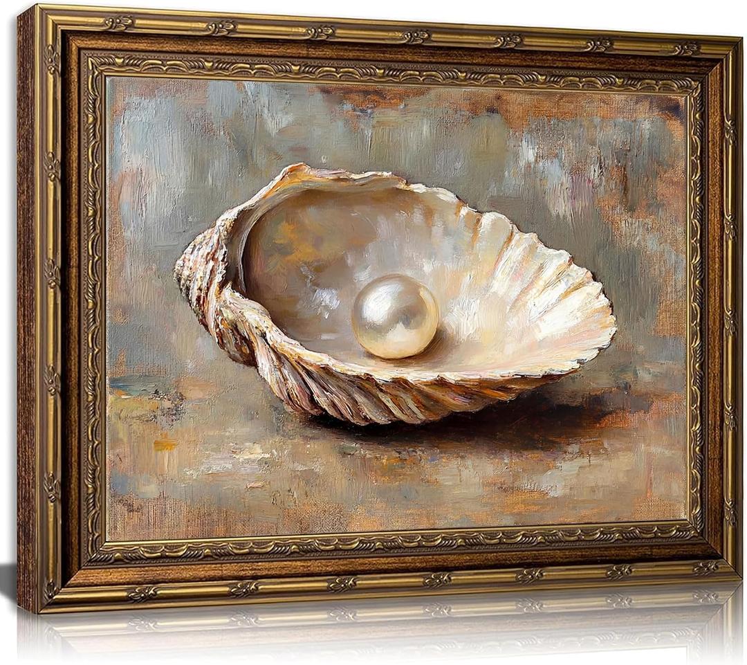 Vintage Gold Framed Wall Art, Seashell and Pearl Canvas Print, 24x16 In