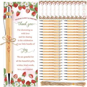 50 Sets Strawberry Baby Shower Ballpoint Pen Gifts Bulk for 50 Guest Wood Bamboo Pens Thank You Cards A Berry Sweet Baby Is On The Way Party Favors Decor