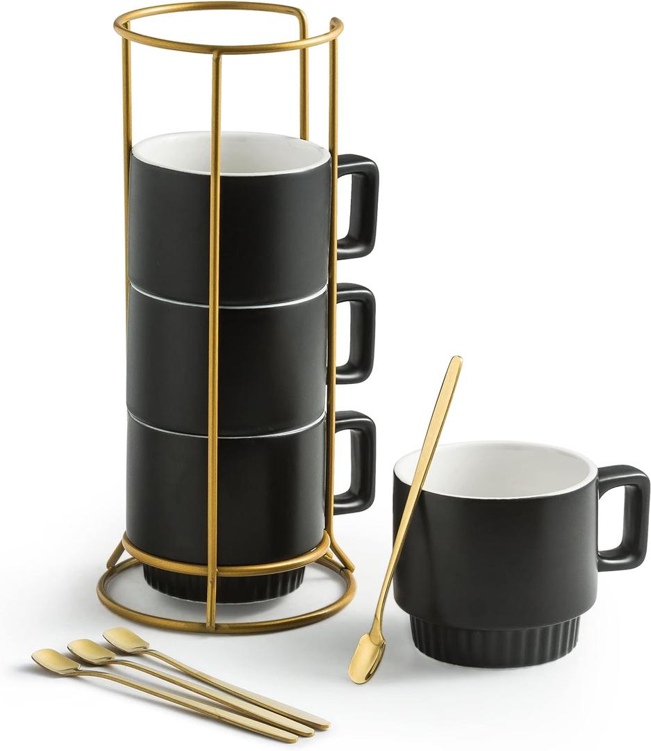 Stackable Coffee Mugs with Stand, 11oz Ceramic Latte Cup Set of 4 for Espresso Cappuccino Tea Hot Cocoa, Dishwasher & Microwave Safe, Black