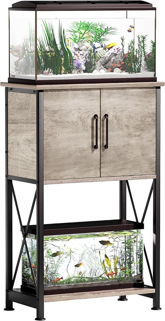 Herture 5-10 Gallon Fish Tank Stand, Metal Double Aquarium Stand with Cabinet for Fish Tank Accessories Storage, Heavy Duty 20.5" L* 11.02" W Tabletop, 500LBS Capacity Grey PG06YGZ