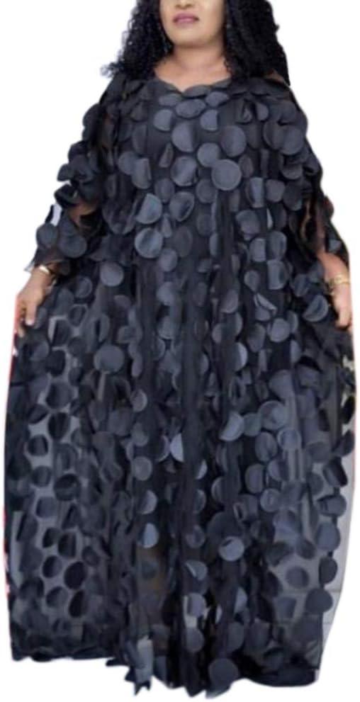 HD Afircan Women Applique Flower Dress Boat Neck Caftan Chiffon Gown One Size (Black)