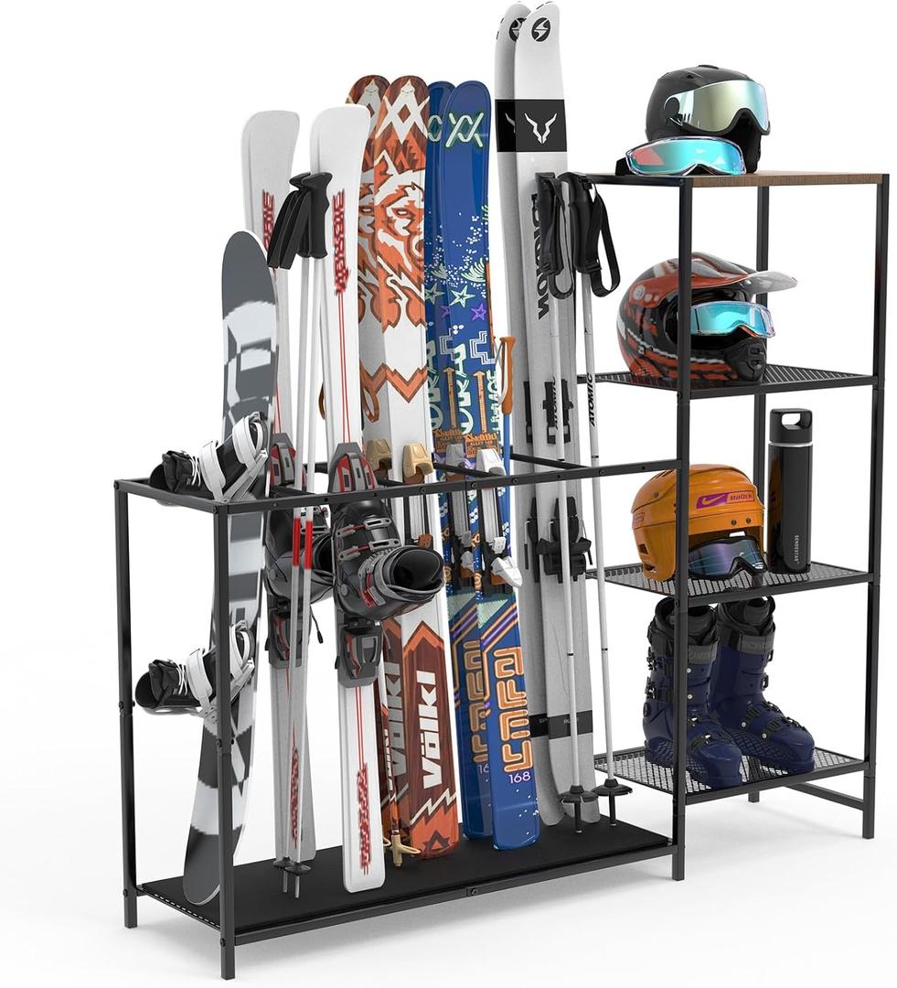 Freestanding Ski Rack, Ski Storage Rack w/Width-Adjustable Bars, Ski & Snowboard Rack Organizer for Garage, Home