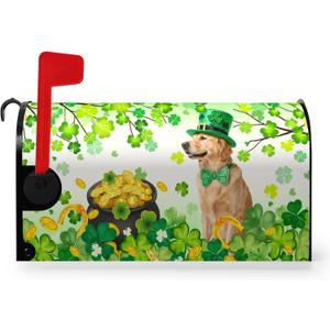 St. Patrick's Day Dog Magnetic Mailbox Covers Oversized Green Shamrocks Spring Mailbox Cover Large Size 25.5x21 St Patricks Day Post Letter Box Cover for Garden Yard Holiday Decor
