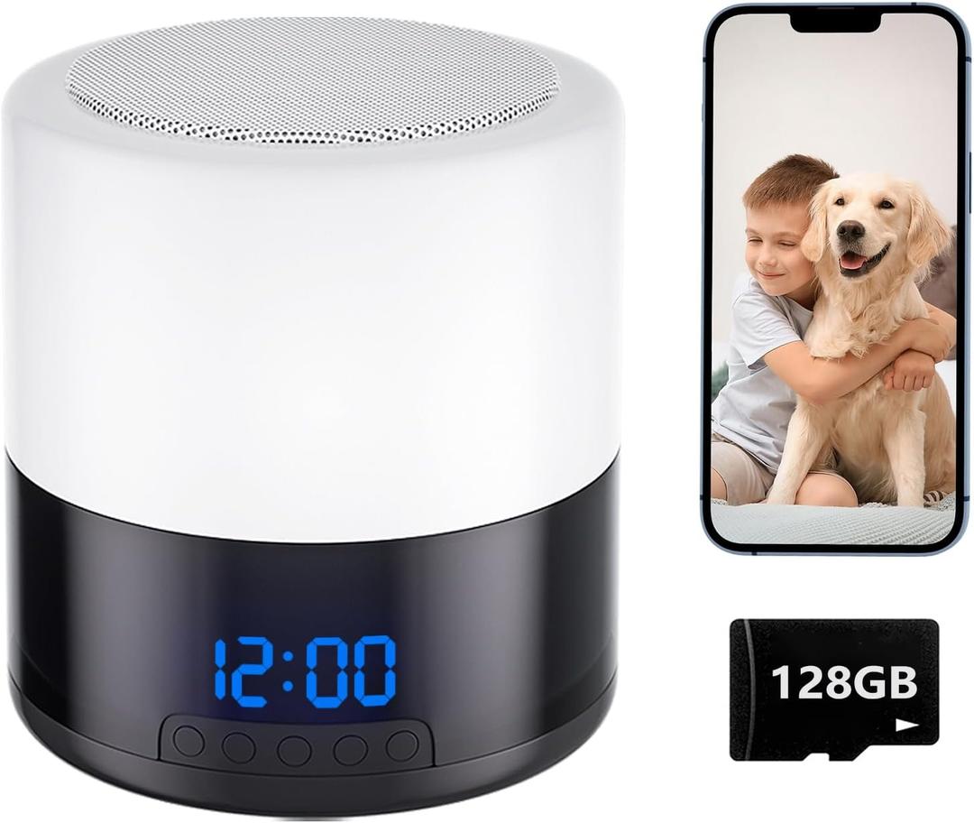 Security Camera with Bluetooth Speaker, 1080P Wireless Indoor Camera for Home Security/Baby/Pet, Clock Camera with Rotating Lens, Night Light, Motion Detection (Included 128GB SD Card)